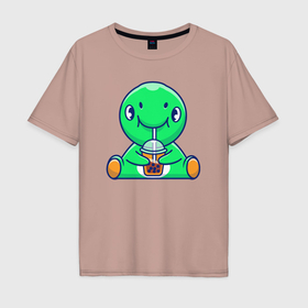 Мужская футболка хлопок Oversize с принтом Зелёный динозаврик с напитком в Курске, 100% хлопок | свободный крой, круглый ворот, “спинка” длиннее передней части | 