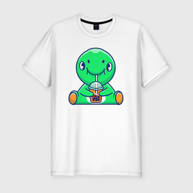 Мужская футболка хлопок Slim с принтом Зелёный динозаврик с напитком в Курске, 92% хлопок, 8% лайкра | приталенный силуэт, круглый вырез ворота, длина до линии бедра, короткий рукав | 