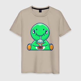 Мужская футболка хлопок с принтом Зелёный динозаврик с напитком , 100% хлопок | прямой крой, круглый вырез горловины, длина до линии бедер, слегка спущенное плечо. | 