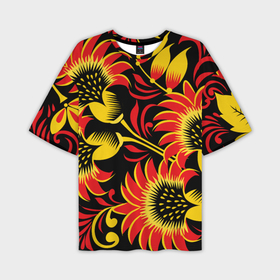 Мужская футболка oversize 3D с принтом Хохломская роспись красно золотистые цветы на чёрном фоне ,  |  | 
