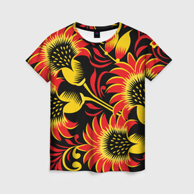 Женская футболка 3D с принтом Хохломская роспись красно золотистые цветы на чёрном фоне в Тюмени, 100% полиэфир ( синтетическое хлопкоподобное полотно) | прямой крой, круглый вырез горловины, длина до линии бедер | 