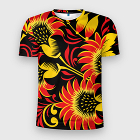 Мужская футболка 3D Slim с принтом Хохломская роспись красно золотистые цветы на чёрном фоне в Тюмени, 100% полиэстер с улучшенными характеристиками | приталенный силуэт, круглая горловина, широкие плечи, сужается к линии бедра | 