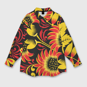 Мужская рубашка oversize 3D с принтом Хохломская роспись красно золотистые цветы на чёрном фоне ,  |  | 