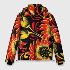 Мужская зимняя куртка 3D с принтом Хохломская роспись красно золотистые цветы на чёрном фоне в Тюмени, верх — 100% полиэстер; подкладка — 100% полиэстер; утеплитель — 100% полиэстер | длина ниже бедра, свободный силуэт Оверсайз. Есть воротник-стойка, отстегивающийся капюшон и ветрозащитная планка. 

Боковые карманы с листочкой на кнопках и внутренний карман на молнии. | 