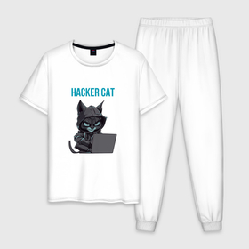 Мужская пижама хлопок с принтом Кот за ноутбуком хакерит в Санкт-Петербурге, 100% хлопок | брюки и футболка прямого кроя, без карманов, на брюках мягкая резинка на поясе и по низу штанин
 | 
