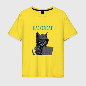 Мужская футболка хлопок Oversize с принтом Кот за ноутбуком хакерит в Санкт-Петербурге, 100% хлопок | свободный крой, круглый ворот, “спинка” длиннее передней части | 