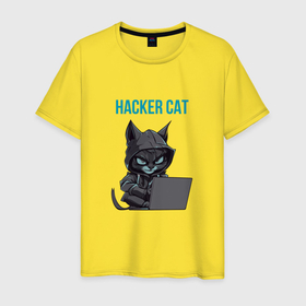 Мужская футболка хлопок с принтом Кот за ноутбуком хакерит в Кировске, 100% хлопок | прямой крой, круглый вырез горловины, длина до линии бедер, слегка спущенное плечо. | 