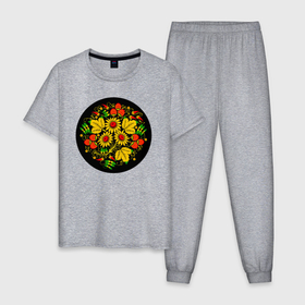 Мужская пижама хлопок с принтом Хохломская роспись цветы и ягоды в чёрном круге , 100% хлопок | брюки и футболка прямого кроя, без карманов, на брюках мягкая резинка на поясе и по низу штанин
 | 