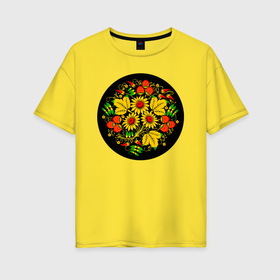 Женская футболка хлопок Oversize с принтом Хохломская роспись цветы и ягоды в чёрном круге в Петрозаводске, 100% хлопок | свободный крой, круглый ворот, спущенный рукав, длина до линии бедер
 | 