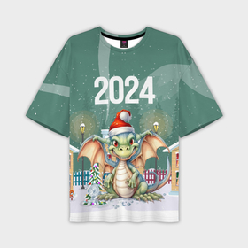 Мужская футболка oversize 3D с принтом Новогодний зеленый дракон  2024 год в Екатеринбурге,  |  | Тематика изображения на принте: 