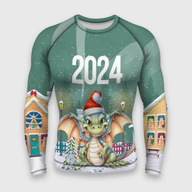 Мужской рашгард 3D с принтом Новогодний зеленый дракон  2024 год в Екатеринбурге,  |  | Тематика изображения на принте: 