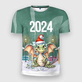 Мужская футболка 3D Slim с принтом Новогодний зеленый дракон  2024 год в Екатеринбурге, 100% полиэстер с улучшенными характеристиками | приталенный силуэт, круглая горловина, широкие плечи, сужается к линии бедра | Тематика изображения на принте: 