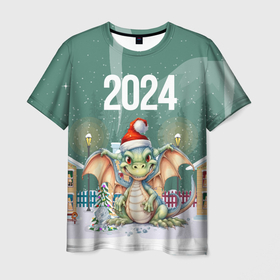 Мужская футболка 3D с принтом Новогодний зеленый дракон  2024 год в Екатеринбурге, 100% полиэфир | прямой крой, круглый вырез горловины, длина до линии бедер | Тематика изображения на принте: 