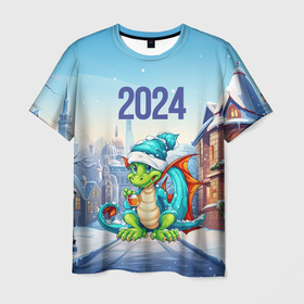 Мужская футболка 3D с принтом Дракон новогодний в синей шапке , 100% полиэфир | прямой крой, круглый вырез горловины, длина до линии бедер | 