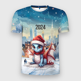 Мужская футболка 3D Slim с принтом Новый  год 2024  дракон в Екатеринбурге, 100% полиэстер с улучшенными характеристиками | приталенный силуэт, круглая горловина, широкие плечи, сужается к линии бедра | 