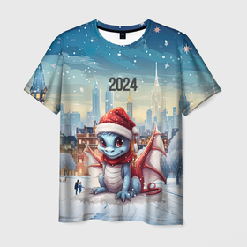Мужская футболка 3D с принтом Новый  год 2024  дракон в Кировске, 100% полиэфир | прямой крой, круглый вырез горловины, длина до линии бедер | 