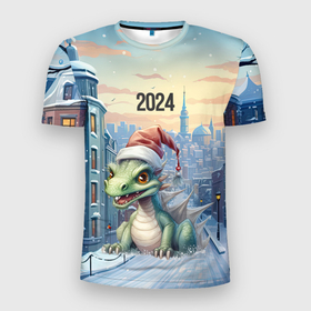 Мужская футболка 3D Slim с принтом Милый дракон новый  год   2024 в Екатеринбурге, 100% полиэстер с улучшенными характеристиками | приталенный силуэт, круглая горловина, широкие плечи, сужается к линии бедра | 