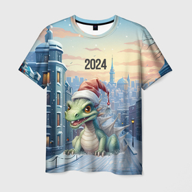 Мужская футболка 3D с принтом Милый дракон новый  год   2024 в Петрозаводске, 100% полиэфир | прямой крой, круглый вырез горловины, длина до линии бедер | 