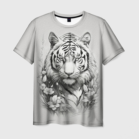 Мужская футболка 3D с принтом Эскиз тигра в цветах в Санкт-Петербурге, 100% полиэфир | прямой крой, круглый вырез горловины, длина до линии бедер | 