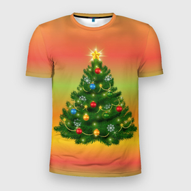 Мужская футболка 3D Slim с принтом Ёлка новогодняя украшенная на ярком разноцветном фоне в Курске, 100% полиэстер с улучшенными характеристиками | приталенный силуэт, круглая горловина, широкие плечи, сужается к линии бедра | 