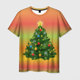 Мужская футболка 3D с принтом Ёлка новогодняя украшенная на ярком разноцветном фоне в Екатеринбурге, 100% полиэфир | прямой крой, круглый вырез горловины, длина до линии бедер | 