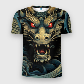 Мужская футболка 3D Slim с принтом Морской дракон в гневе в Белгороде, 100% полиэстер с улучшенными характеристиками | приталенный силуэт, круглая горловина, широкие плечи, сужается к линии бедра | Тематика изображения на принте: 