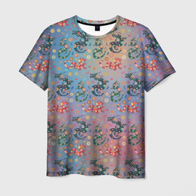 Мужская футболка 3D с принтом Извивающиеся драконы и яркие цветы , 100% полиэфир | прямой крой, круглый вырез горловины, длина до линии бедер | 