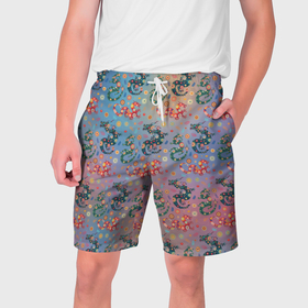 Мужские шорты 3D с принтом Извивающиеся драконы и яркие цветы в Екатеринбурге,  полиэстер 100% | прямой крой, два кармана без застежек по бокам. Мягкая трикотажная резинка на поясе, внутри которой широкие завязки. Длина чуть выше колен | 