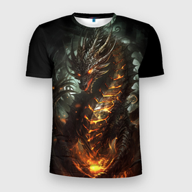 Мужская футболка 3D Slim с принтом Древний огненный дракон символ 2024 в Новосибирске, 100% полиэстер с улучшенными характеристиками | приталенный силуэт, круглая горловина, широкие плечи, сужается к линии бедра | Тематика изображения на принте: 