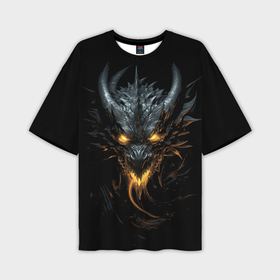 Мужская футболка oversize 3D с принтом Черный огненный пещерный дракон символ 2024 в Екатеринбурге,  |  | Тематика изображения на принте: 