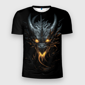 Мужская футболка 3D Slim с принтом Черный огненный пещерный дракон символ 2024 в Екатеринбурге, 100% полиэстер с улучшенными характеристиками | приталенный силуэт, круглая горловина, широкие плечи, сужается к линии бедра | Тематика изображения на принте: 