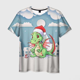 Мужская футболка 3D с принтом Милый маленький новогодний дракон в новогодней шапочке , 100% полиэфир | прямой крой, круглый вырез горловины, длина до линии бедер | 