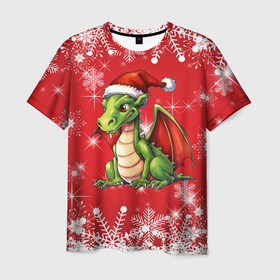 Мужская футболка 3D с принтом Милый маленький  новогодний дракон в новогодней шапочке в Тюмени, 100% полиэфир | прямой крой, круглый вырез горловины, длина до линии бедер | 