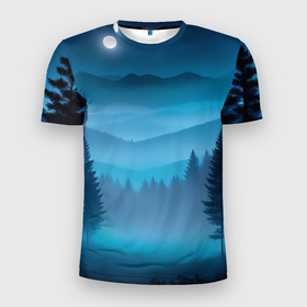 Мужская футболка 3D Slim с принтом Туманный синий лес   нейросеть в Белгороде, 100% полиэстер с улучшенными характеристиками | приталенный силуэт, круглая горловина, широкие плечи, сужается к линии бедра | Тематика изображения на принте: 
