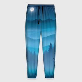 Мужские брюки 3D с принтом Туманный синий лес   нейросеть в Белгороде, 100% полиэстер | манжеты по низу, эластичный пояс регулируется шнурком, по бокам два кармана без застежек, внутренняя часть кармана из мелкой сетки | Тематика изображения на принте: 