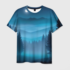 Мужская футболка 3D с принтом Туманный синий лес   нейросеть в Петрозаводске, 100% полиэфир | прямой крой, круглый вырез горловины, длина до линии бедер | 