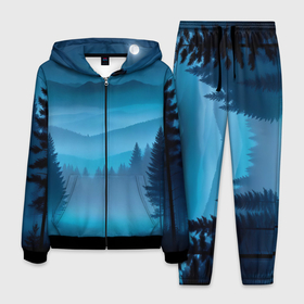 Мужской костюм 3D с принтом Туманный синий лес   нейросеть в Санкт-Петербурге, 100% полиэстер | Манжеты и пояс оформлены тканевой резинкой, двухслойный капюшон со шнурком для регулировки, карманы спереди | 