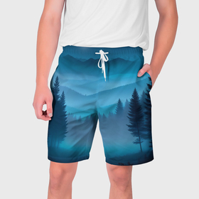 Мужские шорты 3D с принтом Туманный синий лес   нейросеть ,  полиэстер 100% | прямой крой, два кармана без застежек по бокам. Мягкая трикотажная резинка на поясе, внутри которой широкие завязки. Длина чуть выше колен | 