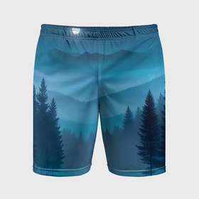Мужские шорты спортивные с принтом Туманный синий лес   нейросеть в Белгороде,  |  | Тематика изображения на принте: 