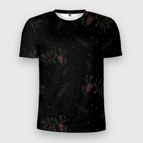 Мужская футболка 3D Slim с принтом Ветка елки с шишками на черном фоне в Петрозаводске, 100% полиэстер с улучшенными характеристиками | приталенный силуэт, круглая горловина, широкие плечи, сужается к линии бедра | 