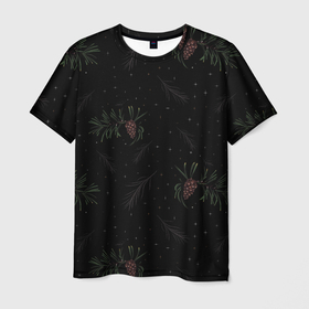 Мужская футболка 3D с принтом Ветка елки с шишками на черном фоне , 100% полиэфир | прямой крой, круглый вырез горловины, длина до линии бедер | 
