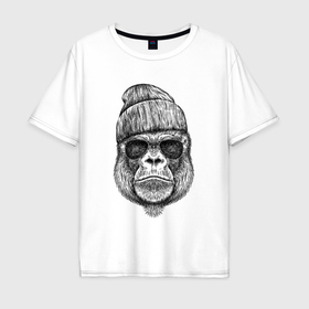 Мужская футболка хлопок Oversize с принтом Горилла в очках и шапке в Кировске, 100% хлопок | свободный крой, круглый ворот, “спинка” длиннее передней части | 