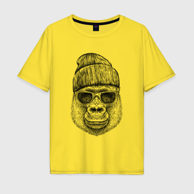 Мужская футболка хлопок Oversize с принтом Горилла в шапке в Кировске, 100% хлопок | свободный крой, круглый ворот, “спинка” длиннее передней части | 