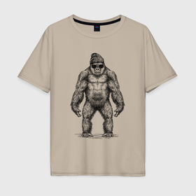 Мужская футболка хлопок Oversize с принтом Горилла хипстер в Белгороде, 100% хлопок | свободный крой, круглый ворот, “спинка” длиннее передней части | 