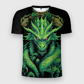 Мужская футболка 3D Slim с принтом Зеленый яркий неоновый дракон в Белгороде, 100% полиэстер с улучшенными характеристиками | приталенный силуэт, круглая горловина, широкие плечи, сужается к линии бедра | 