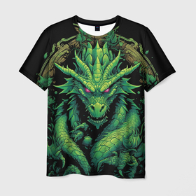 Мужская футболка 3D с принтом Зеленый яркий неоновый дракон в Белгороде, 100% полиэфир | прямой крой, круглый вырез горловины, длина до линии бедер | 