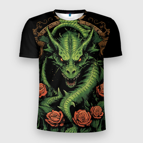 Мужская футболка 3D Slim с принтом Зеленый яркий неоновый дракон 2024 в Белгороде, 100% полиэстер с улучшенными характеристиками | приталенный силуэт, круглая горловина, широкие плечи, сужается к линии бедра | 