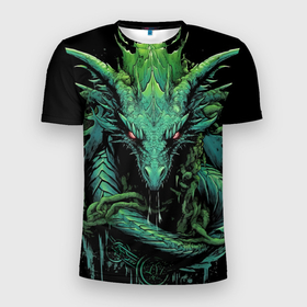 Мужская футболка 3D Slim с принтом Зеленый яркий неоновый дракон 2024 год в Кировске, 100% полиэстер с улучшенными характеристиками | приталенный силуэт, круглая горловина, широкие плечи, сужается к линии бедра | 