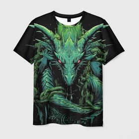 Мужская футболка 3D с принтом Зеленый яркий неоновый дракон 2024 год в Белгороде, 100% полиэфир | прямой крой, круглый вырез горловины, длина до линии бедер | 