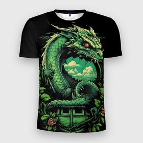Мужская футболка 3D Slim с принтом Зеленый яркий неоновый дракон 2024  год в Кировске, 100% полиэстер с улучшенными характеристиками | приталенный силуэт, круглая горловина, широкие плечи, сужается к линии бедра | 